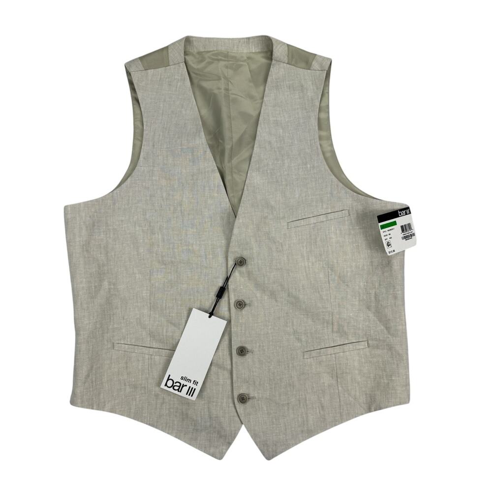 Bar III Mens Slim Fit 100% Linen Suit Vest Tan Beige L